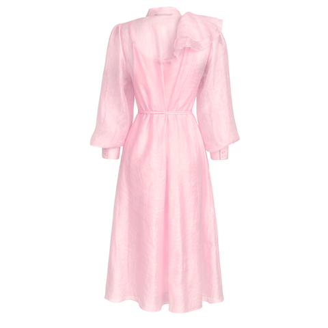 YAKASI VOLANLI YARI TRANSPARAN ELBİSE PEMBE