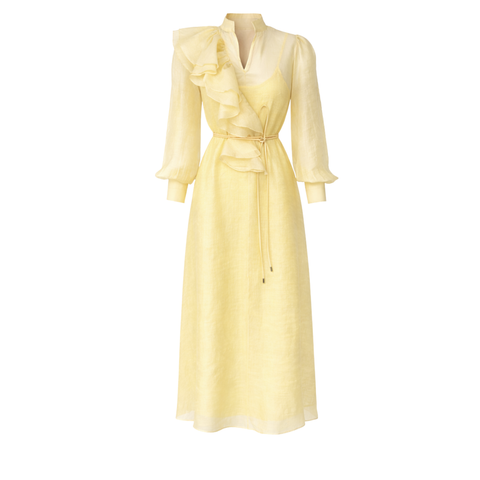 YAKASI VOLANLI YARI TRANSPARAN ELBİSE SARI