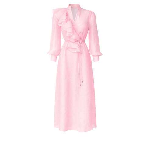 YAKASI VOLANLI YARI TRANSPARAN ELBİSE PEMBE