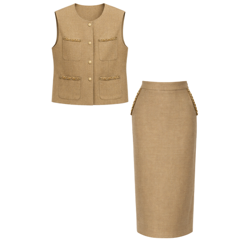 ZİNCİR DETAY YELEK VE KALEM ETEK TAKIM CAMEL