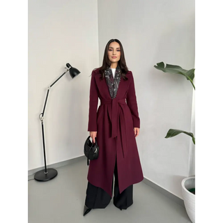 CASHMERE BELİ KUŞAKLI UZUN KABAN BORDO