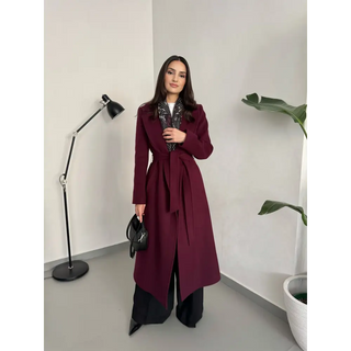 CASHMERE BELİ KUŞAKLI UZUN KABAN BORDO