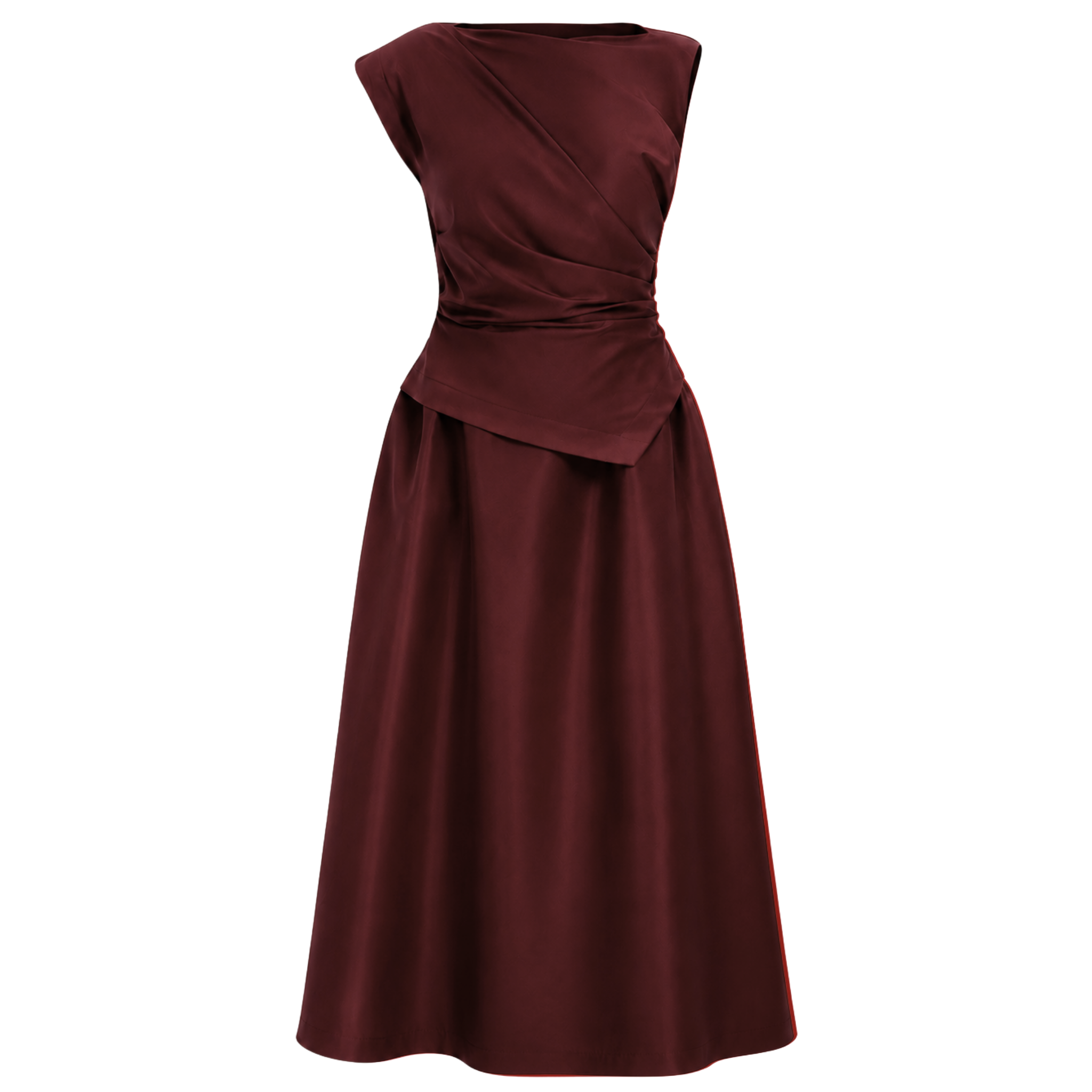 BEL DETAY DRAPELİ TAFTA ELBİSE BORDO
