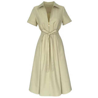 FERMUAR DETAY KISA KOL PİLELİ ELBİSE SOFT YEŞİL