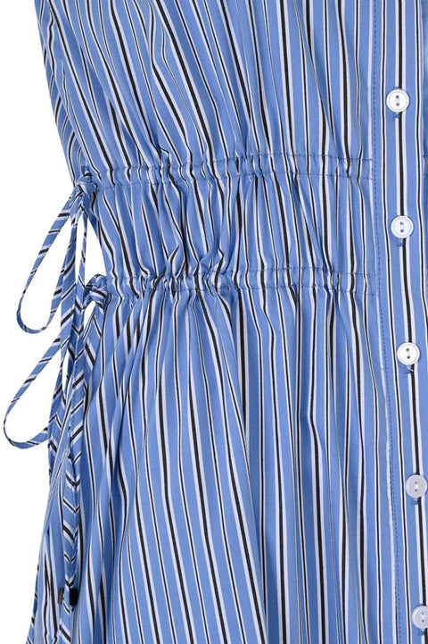 BELDEN AYARLI MAVİ ÇİZGİLİ KOLSUZ ELBİSE