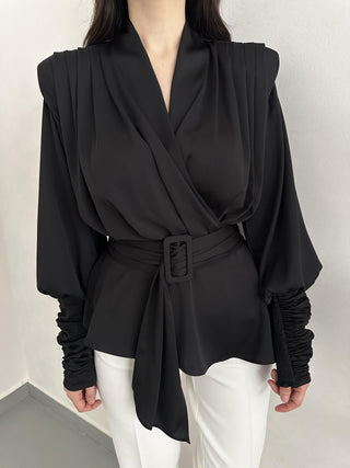 Kruvaze Model Kemer Detaylı Bluz Siyah