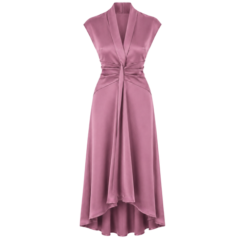V YAKA %100 RAYON SATEN IŞILTILI ELBİSE GÜL KURUSU