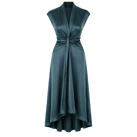V YAKA %100 RAYON SATEN IŞILTILI ELBİSE YEŞİL