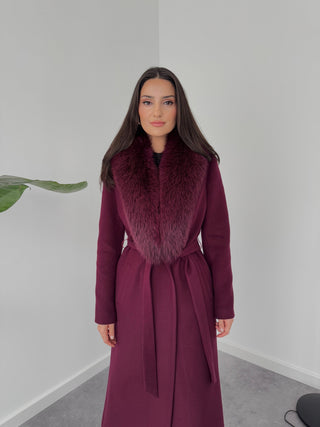 ÇIKARILABİLİR KÜRK DETAYLI CASHMERE KABAN BORDO