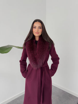 ÇIKARILABİLİR KÜRK DETAYLI CASHMERE KABAN BORDO