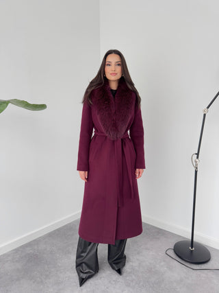 ÇIKARILABİLİR KÜRK DETAYLI CASHMERE KABAN BORDO