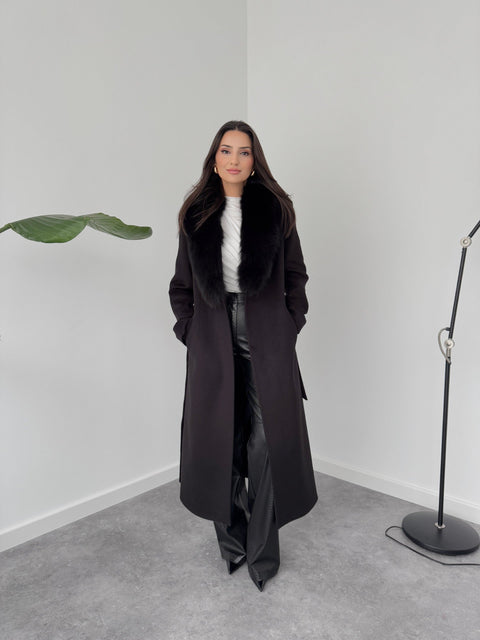 ÇIKARILABİLİR KÜRK DETAYLI CASHMERE KABAN SİYAH