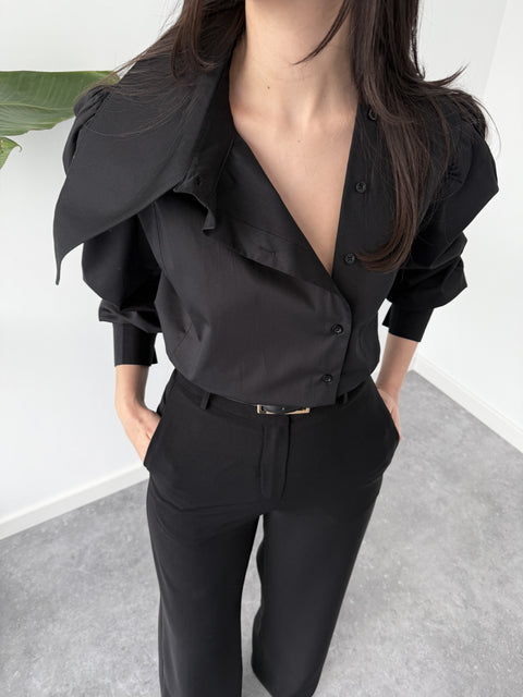 BERRY ASYMMETRIC COLLAR DETAILED SHIRT BLACK