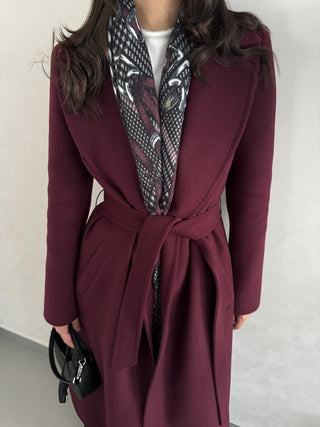 CASHMERE BELİ KUŞAKLI UZUN KABAN BORDO