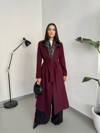 CASHMERE BELİ KUŞAKLI UZUN KABAN BORDO