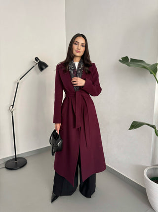 CASHMERE BELİ KUŞAKLI UZUN KABAN BORDO