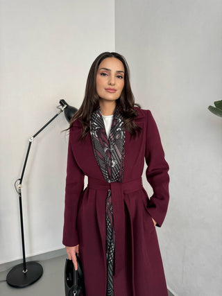 CASHMERE BELİ KUŞAKLI UZUN KABAN BORDO