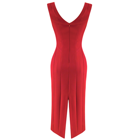 V YAKA MİDİ BOY KALEM ELBİSE KIRMIZI